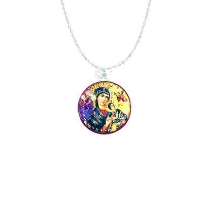 Our Lady of Perpetual Help Small Round Pendant w/ Pressed Flowers - Guadalupe Gifts