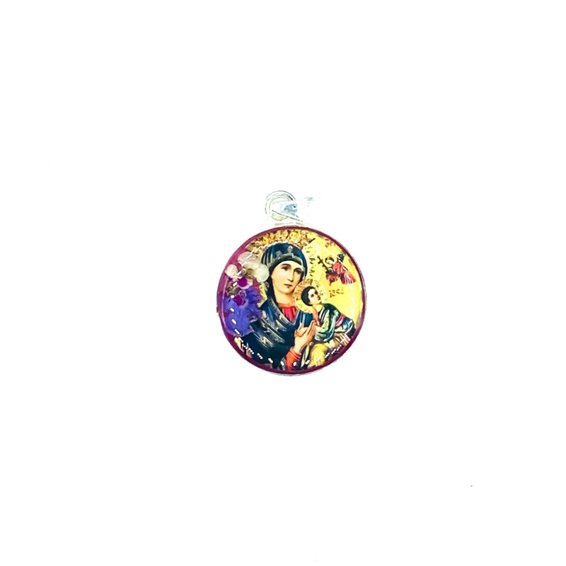 Our Lady of Perpetual Help Small Round Pendant w/ Pressed Flowers - Guadalupe Gifts