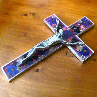 Wall Grand Crucifix w/ Pressed Flowers 10"