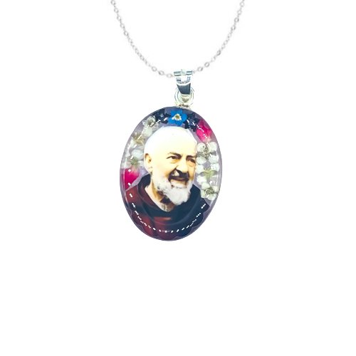 Padre Pio Medium Oval Pendant w/ Pressed Flowers - Guadalupe Gifts