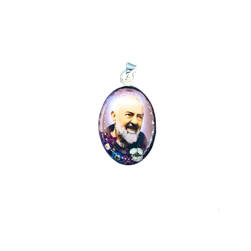 Padre Pio Small Oval Pendant w/ Pressed Flowers - Guadalupe Gifts