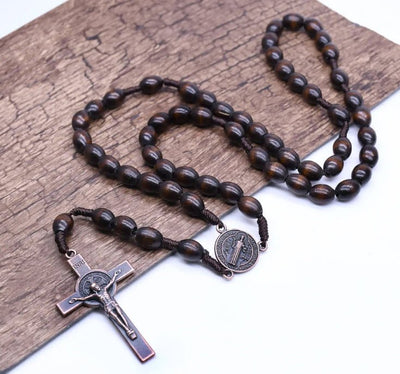 Red Oak Wooden St Benedict Medal Rosary - Guadalupe Gifts