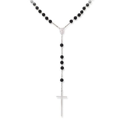 Rhodium Classic Rosary Necklace with long Cross, Black beads - Guadalupe Gifts
