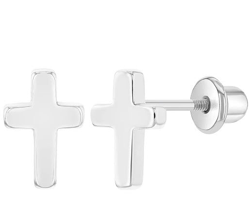 Rhodium Plated Plain Little Cross Earrings - Guadalupe Gifts