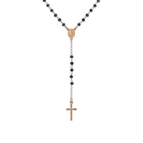 Rose Gold-Plated Silver Classic Rosary Necklace w/ Grey Crystals - Guadalupe Gifts