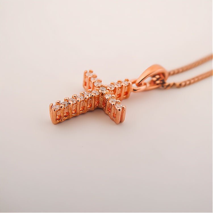 Rose Gold-Plated Silver Clear CZ Cross Necklace - Guadalupe Gifts