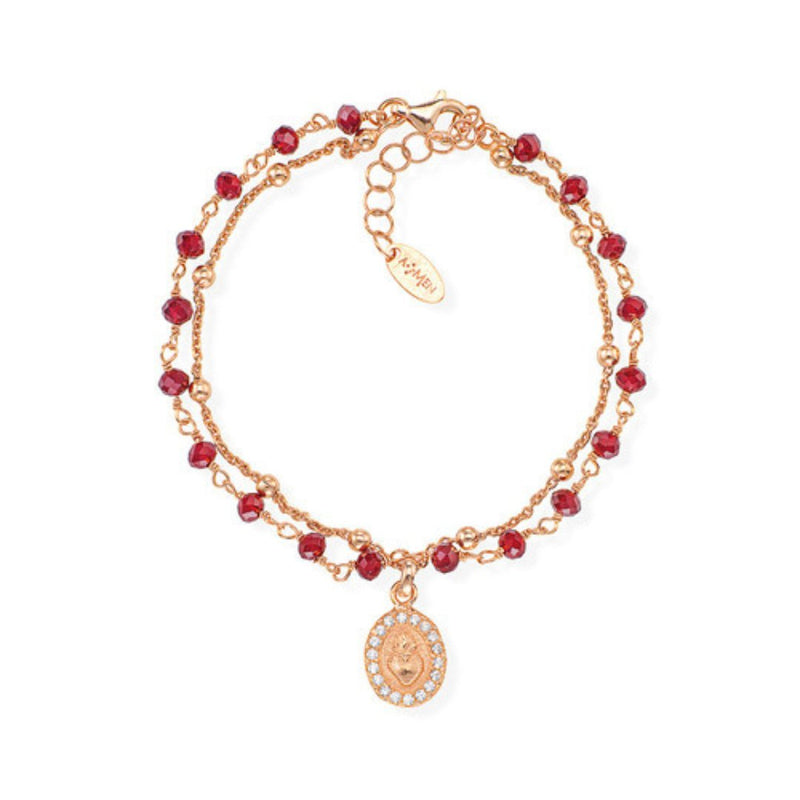 Rose Gold-Plated Silver Heart Double Bracelet w/ Red Zircons - Guadalupe Gifts