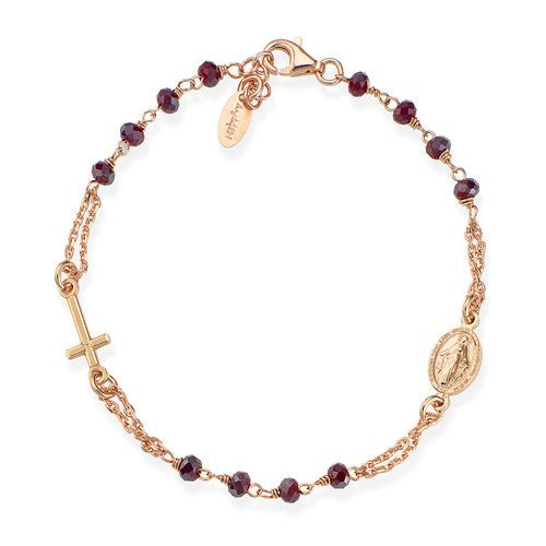 Rose Gold-Plated Silver Rosary Bracelet w/ Ruby Iridescent Crystals - Guadalupe Gifts