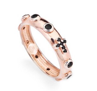 Rose Gold-Plated Silver Rosary Ring w/ Black Zirconias - Guadalupe Gifts