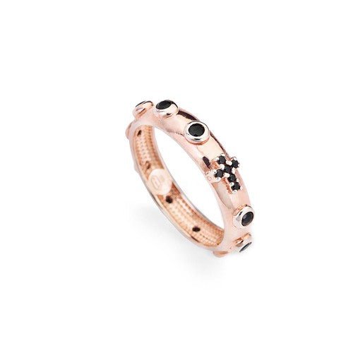 Rose Gold-Plated Silver Rosary Ring w/ Black Zirconias - Guadalupe Gifts