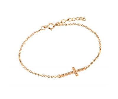 Rose Gold-Plated Silver Studded Cross Bracelet with Sideways w/ Zirconias - Guadalupe Gifts