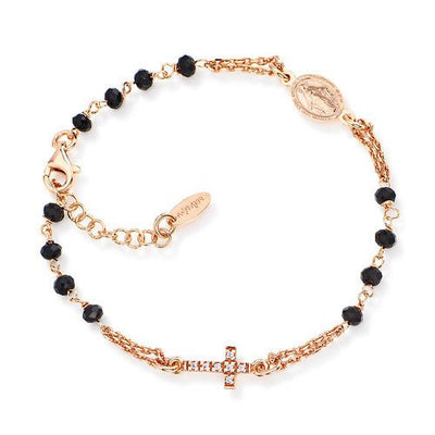 Rose Gold-Plated Silver Studded Cross Rosary Bracelet w/ Black Zirconias - Guadalupe Gifts