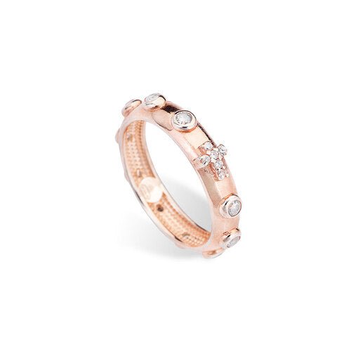 Rose Gold-Plated Silver White Cubic CZ Rosary Ring - Guadalupe Gifts