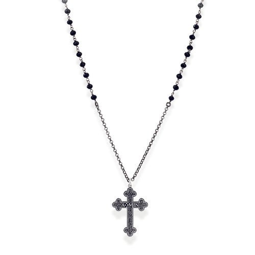Ruthenium Silver Cross Necklace w/ Black Zirconias - Guadalupe Gifts