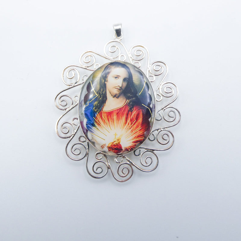 Sacred Heart Baroque Necklace w/ Pressed Flowers - Guadalupe Gifts