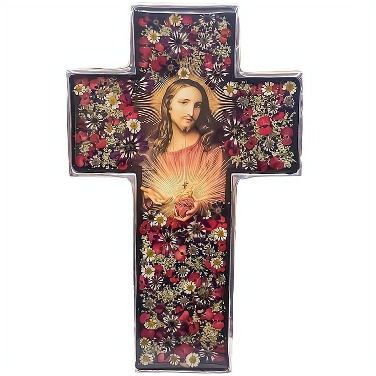 Sacred Heart Grand Wall Cross w/ Pressed Flowers 11" - Guadalupe Gifts