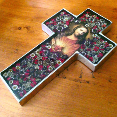 Sacred Heart Grand Wall Cross w/ Pressed Flowers 11" - Guadalupe Gifts