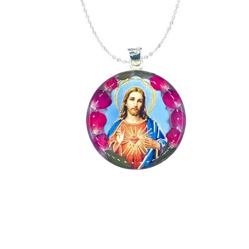 Sacred Heart Medium Round Pendant w/ Pressed Flowers - Guadalupe Gifts