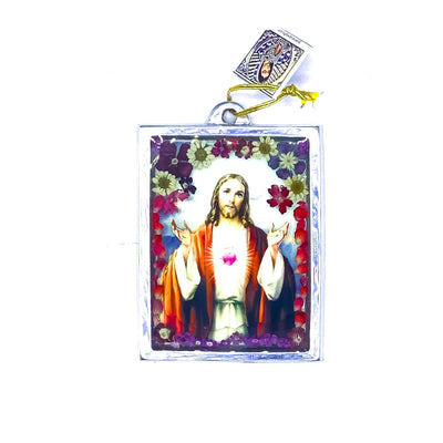 Sacred Heart of Jesus Image Pewter Wall Frame w/ Pressed Flowers 4.5" x 3.25" - Guadalupe Gifts