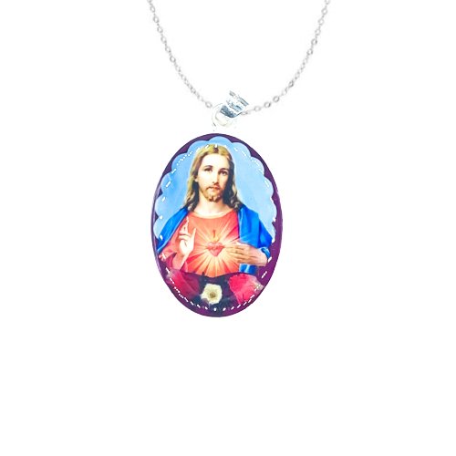 Sacred Heart of Jesus Medium Oval Pendant w/ Pressed Flowers - Guadalupe Gifts