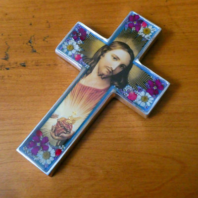 Sacred Heart of Jesus Medium Wall Cross w/ Pressed Flowers 6.5" - Guadalupe Gifts