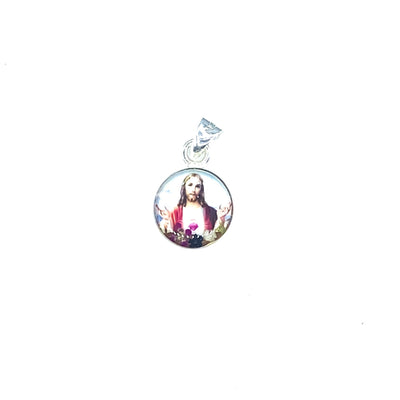 Sacred Heart of Jesus Mini Round Pendant w/ Pressed Flowers - Guadalupe Gifts