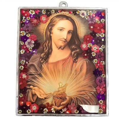 Sacred Heart of Jesus Wall Frame w/ Pressed Flowers 9.4" x 11.8" - Guadalupe Gifts