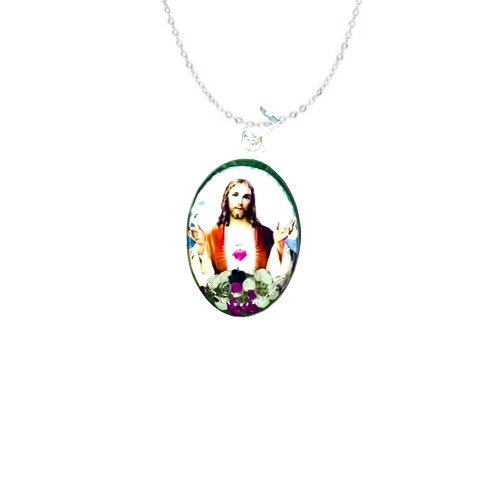 Sacred Heart Small Oval Pendant w/ Pressed Flowers - Guadalupe Gifts