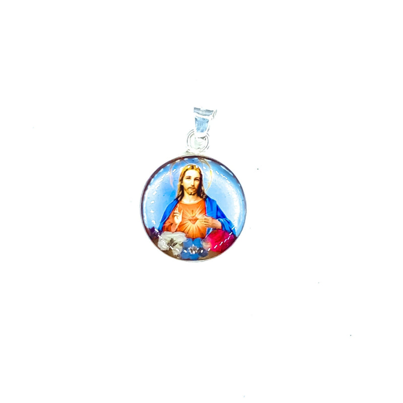 Sacred Heart Small Round Pendant w/ Pressed Flowers - Guadalupe Gifts