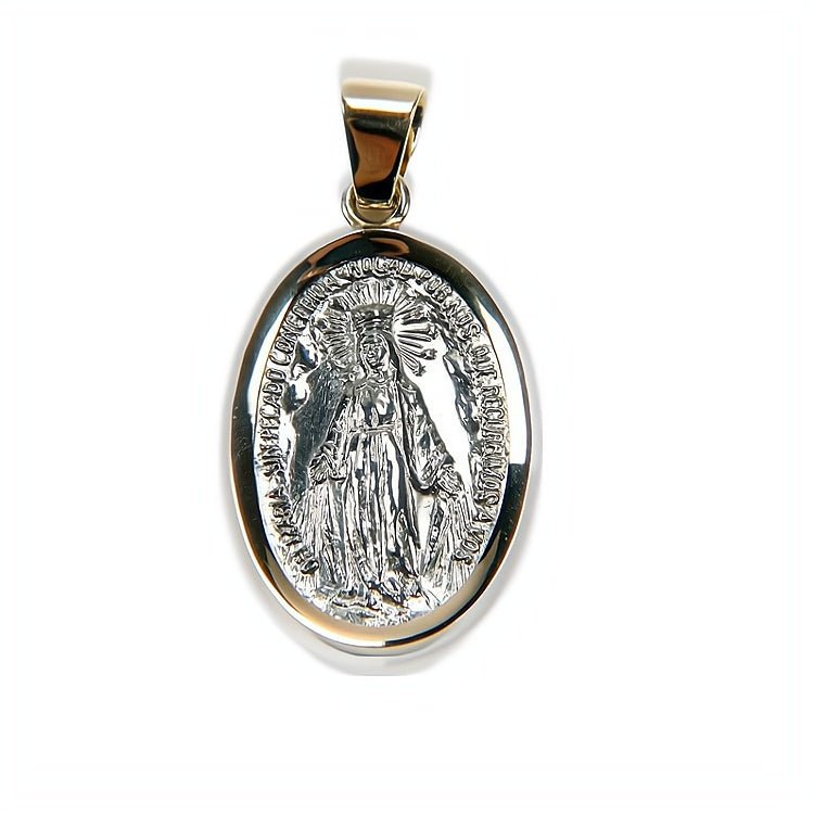 Silver 14k Gold Bezel Our Lady Large Pendant | English Version - Guadalupe Gifts