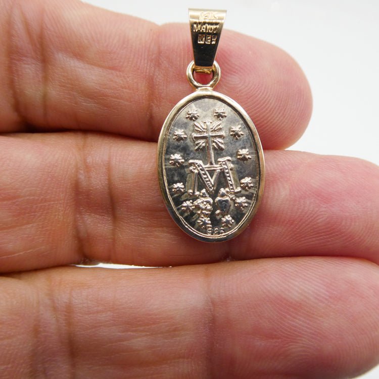Silver 14k Gold Bezel Our Lady of the Miraculous Medal Small Pendant - Guadalupe Gifts