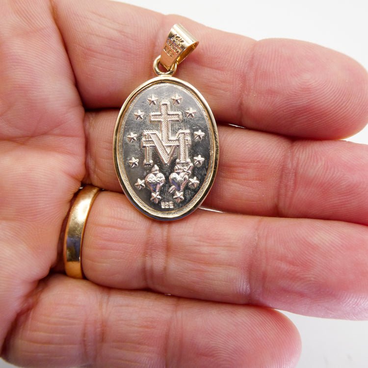 Silver 14k Gold Bezel Our Lady Pendant | Spanish Version | Large Size - Guadalupe Gifts