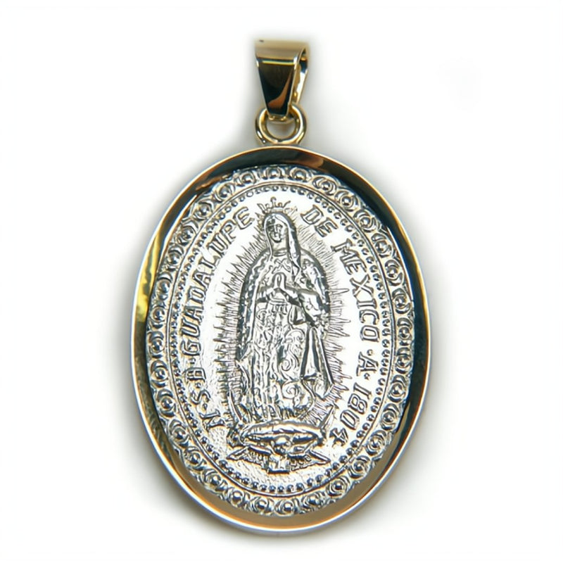 Silver 14k Gold Bezel Virgen de Guadalupe Grand Medal - Guadalupe Gifts