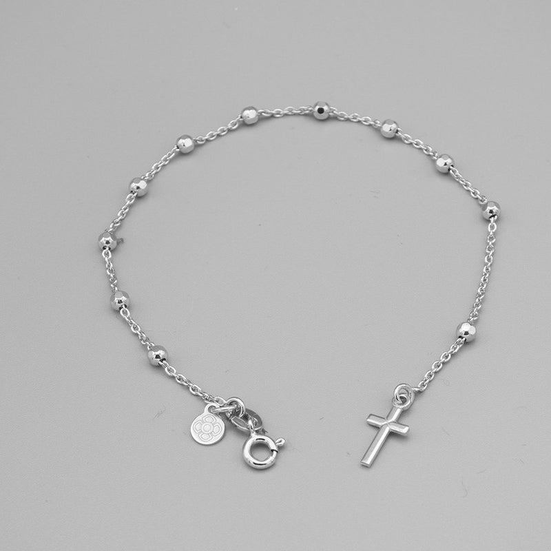 Silver Beaded Rosary Bracelet w/ Cross Charm - Guadalupe Gifts