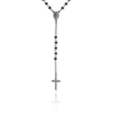 Silver Classic Rosary Necklace w/ Black Crystals - Guadalupe Gifts