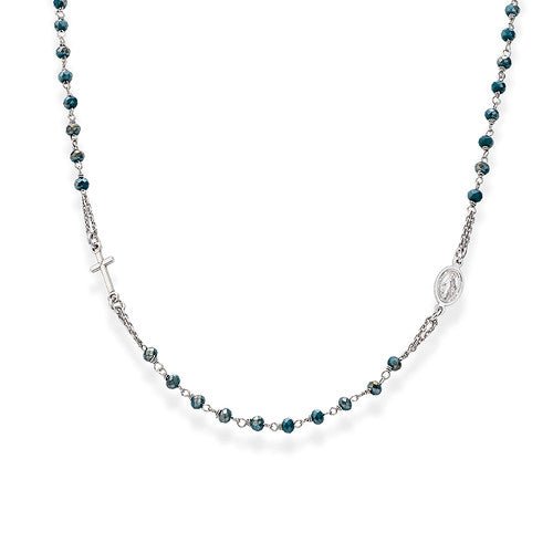 Silver Classic Rosary Necklace w/ Blue crystals - Guadalupe Gifts