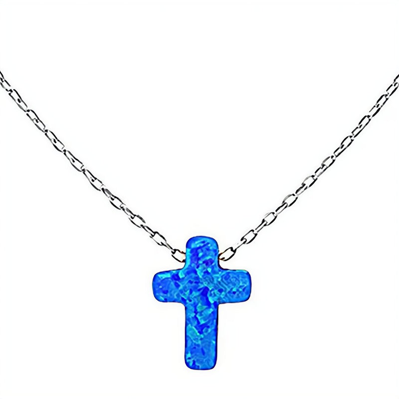 Silver Cross Charm Necklace w/ Blue Opal - Guadalupe Gifts