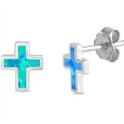 Silver Cross Earrings w/ Blue Opal - Guadalupe Gifts