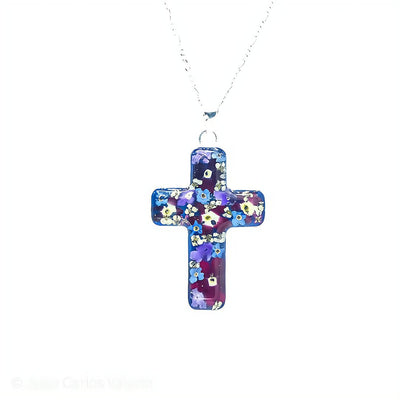 Silver Cross Pendant w/ Pressed Flowers - Guadalupe Gifts