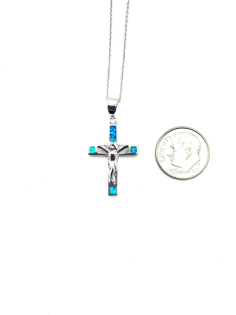 Silver Crucifix Necklace w/ Blue Opal - Guadalupe Gifts