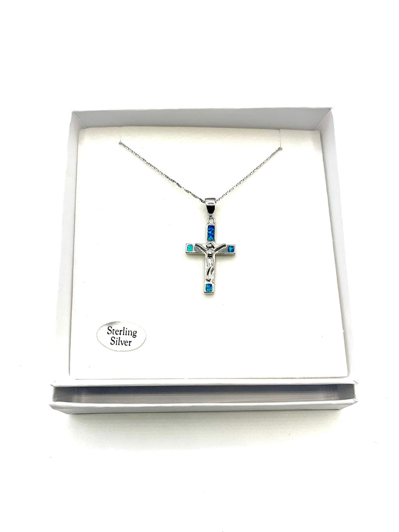 Silver Crucifix Necklace w/ Blue Opal - Guadalupe Gifts