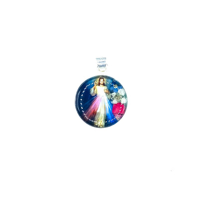 Silver Divine Mercy Mini Round Pendant w/ Pressed Flowers - Guadalupe Gifts