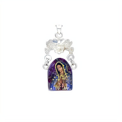 Silver Dove-Shaped Guadalupe Pendant w/ Pressed Flowers - Guadalupe Gifts