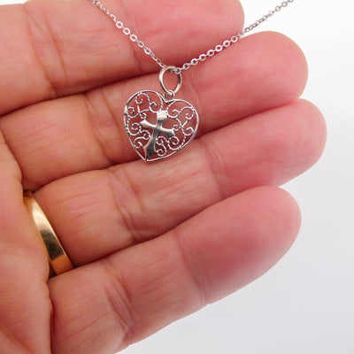 Silver Filigree Heart Cross Necklace - Guadalupe Gifts