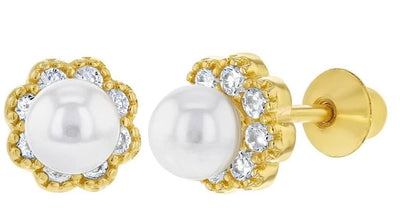 Silver Flower Screw Back Earrings w/ Sim. Pearls & Zirconias - Guadalupe Gifts