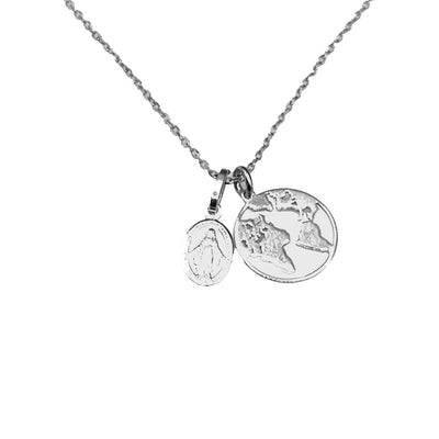 Silver Globe Charm & Lady of Grace Necklace - Guadalupe Gifts