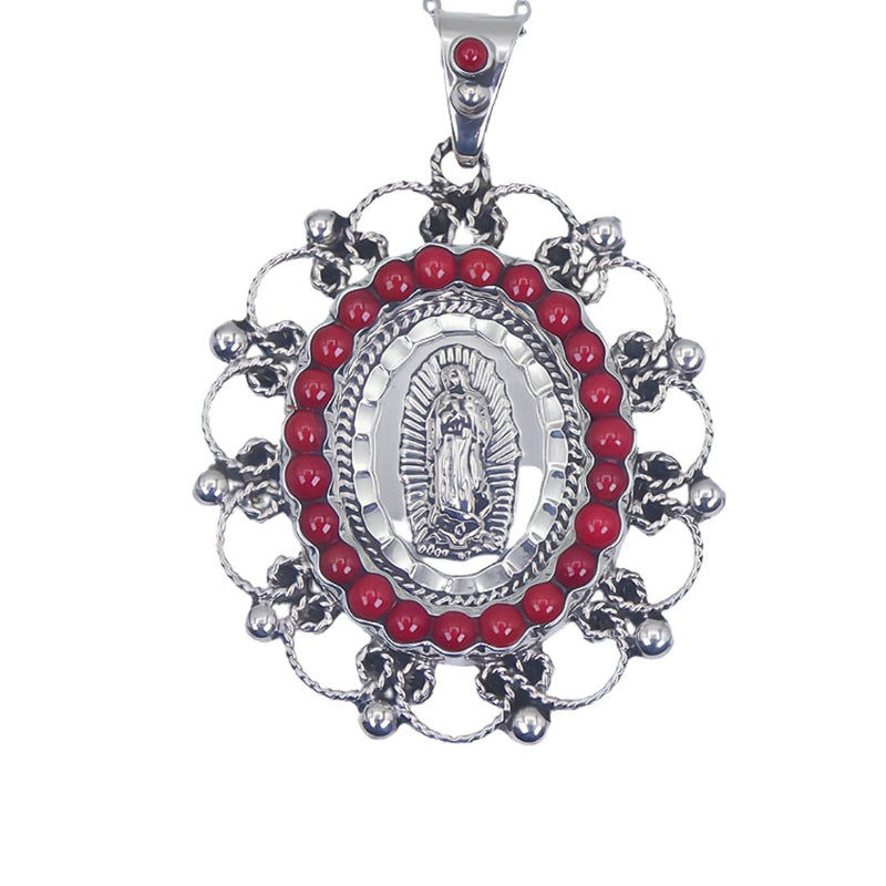 Silver Guadalupe Pendant with Coral Stones - Guadalupe Gifts