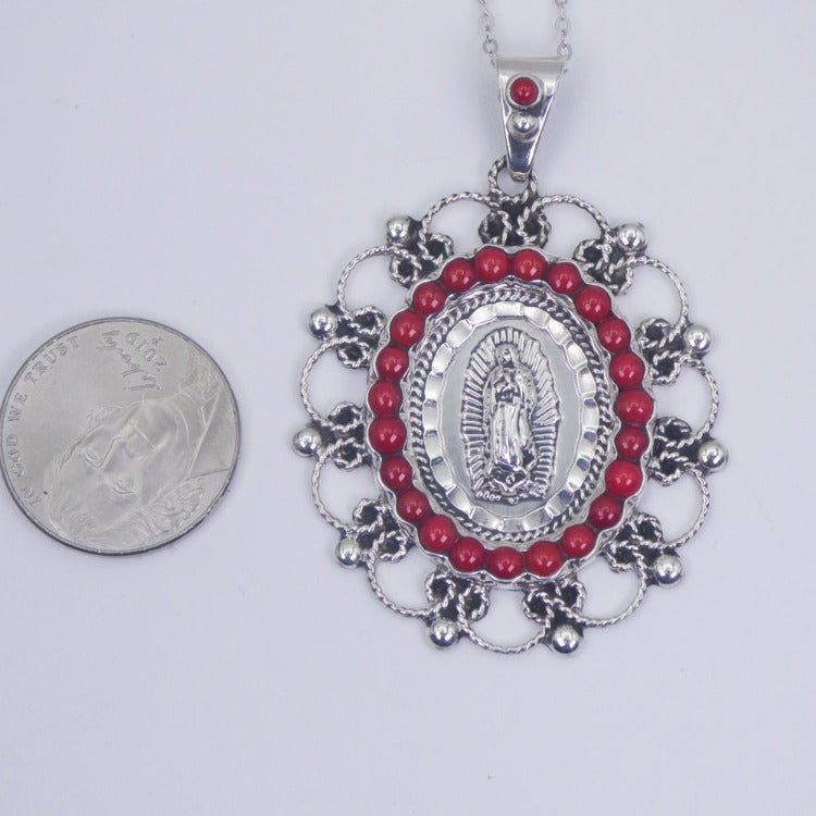 Silver Guadalupe Pendant with Coral Stones - Guadalupe Gifts