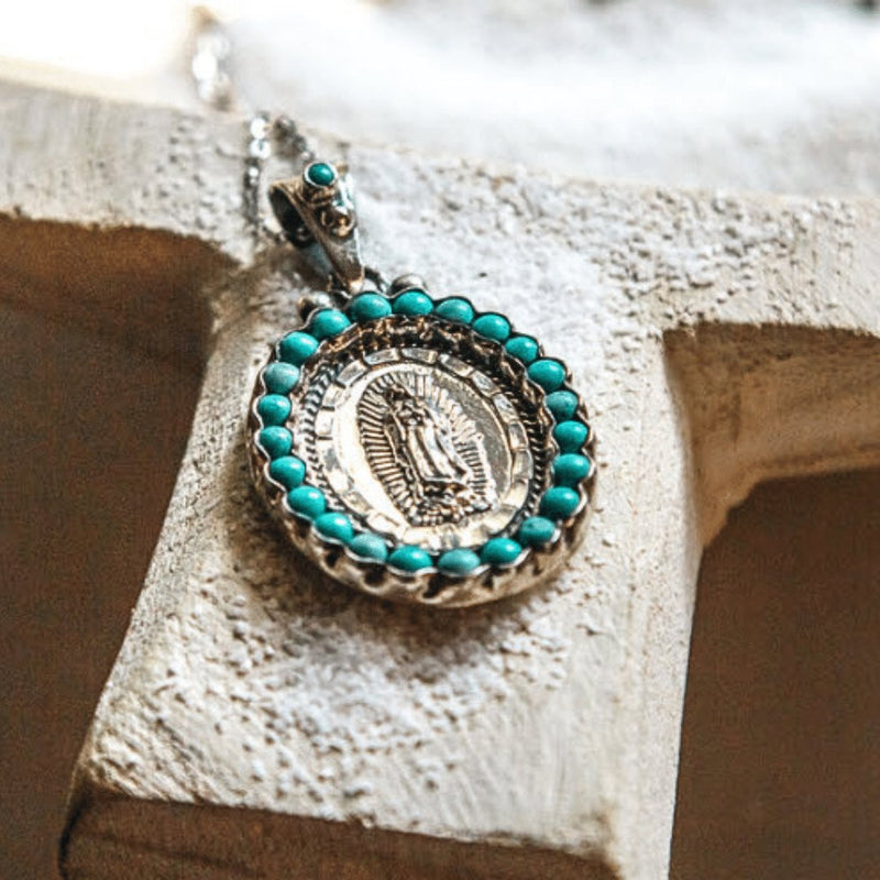 Silver Guadalupe Pendant with Turquoise Stones 1" x 1.4" - Guadalupe Gifts