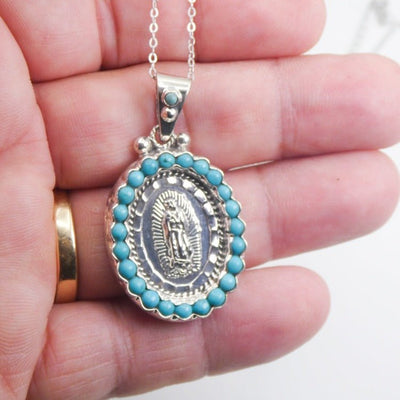 Silver Guadalupe Pendant with Turquoise Stones - Guadalupe Gifts